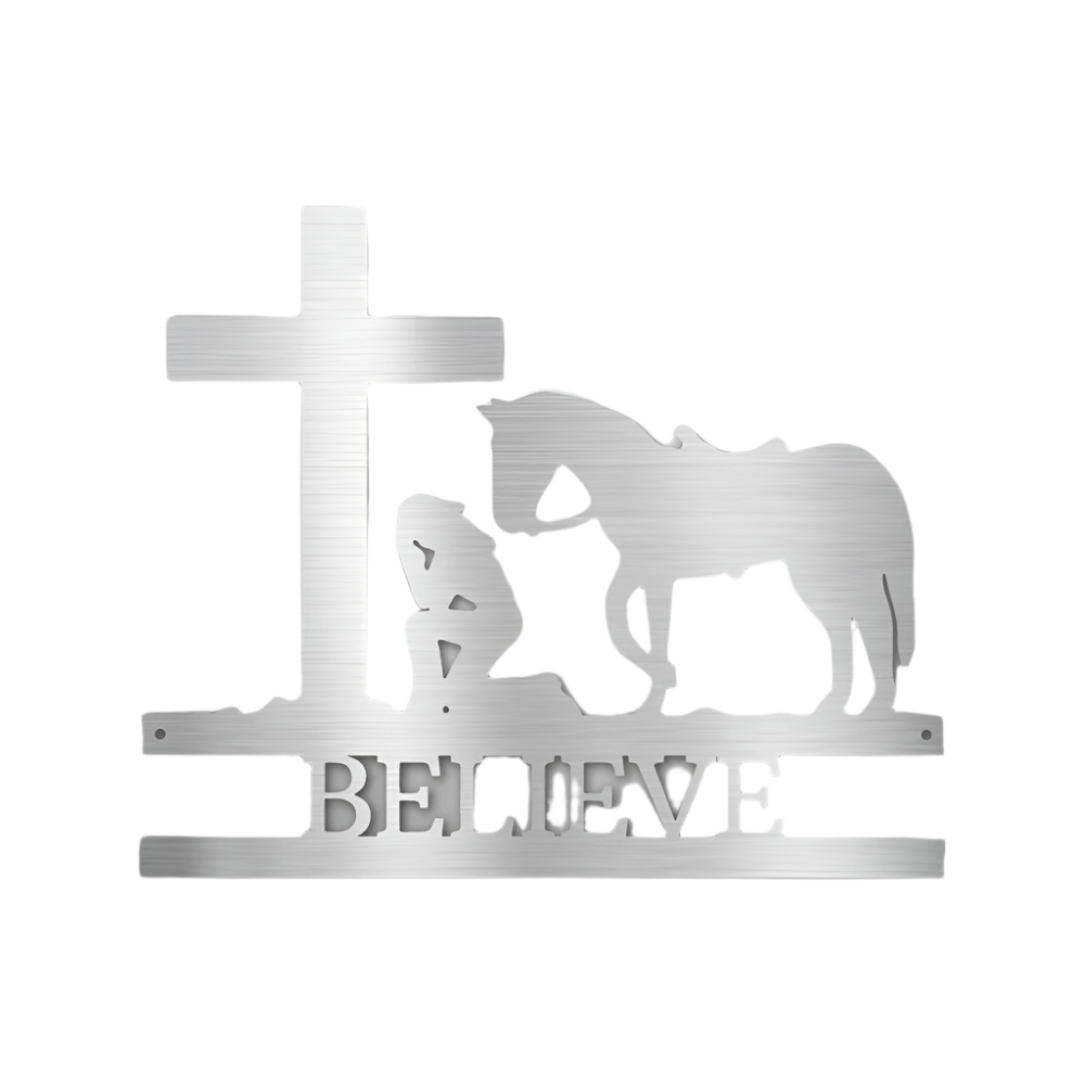 Christian Faith | Country Life | Equestrian | Remembrance | Personalized | Kneeling Cowgirl | Cross | Steel Sign | Metal Art