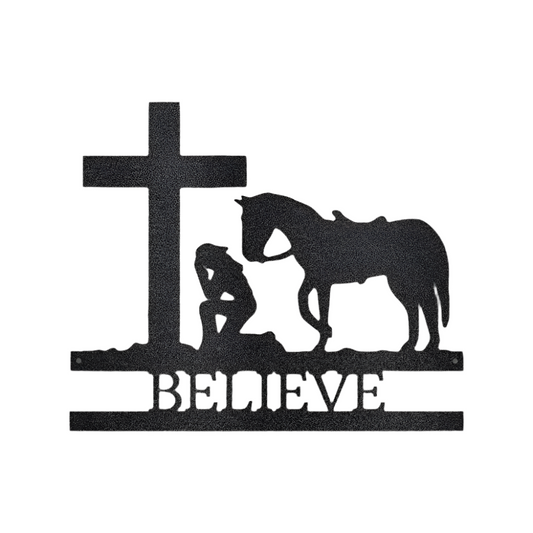 Christian Faith | Country Life | Equestrian | Remembrance | Personalized | Kneeling Cowgirl | Cross | Steel Sign | Metal Art