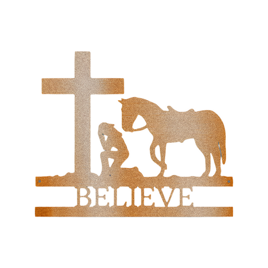 Christian Faith | Country Life | Equestrian | Remembrance | Personalized | Kneeling Cowgirl | Cross | Steel Sign | Metal Art